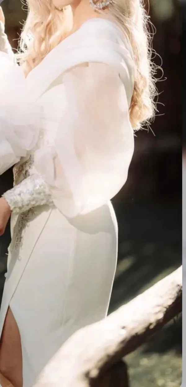 Rochie de ocazie S-M | Alb, Midi, Mânecă lungă, Broderie, Mătase - Image 5