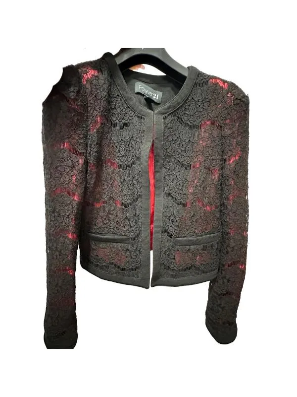 Blazer Forever21 S | Negru, Fără glugă, Dantelă, Bumbac