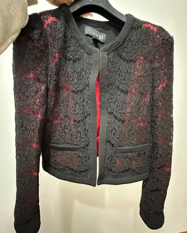 Blazer Forever21 S | Negru, Fără glugă, Dantelă, Bumbac - Image 6