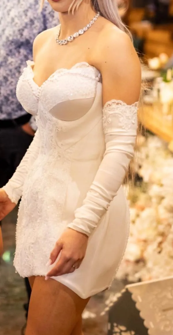 Rochie de ocazie Rusu Bianca S | Alb, Mini, Cu umerii goi, Dantelă, Bumbac - Image 2