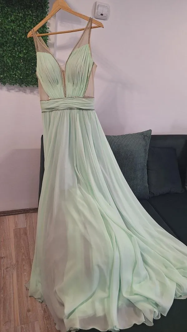 Rochie de ocazie B.D. L | Verde mentă, Maxi, Fără mâneci, Tall, Pliuri - Image 2