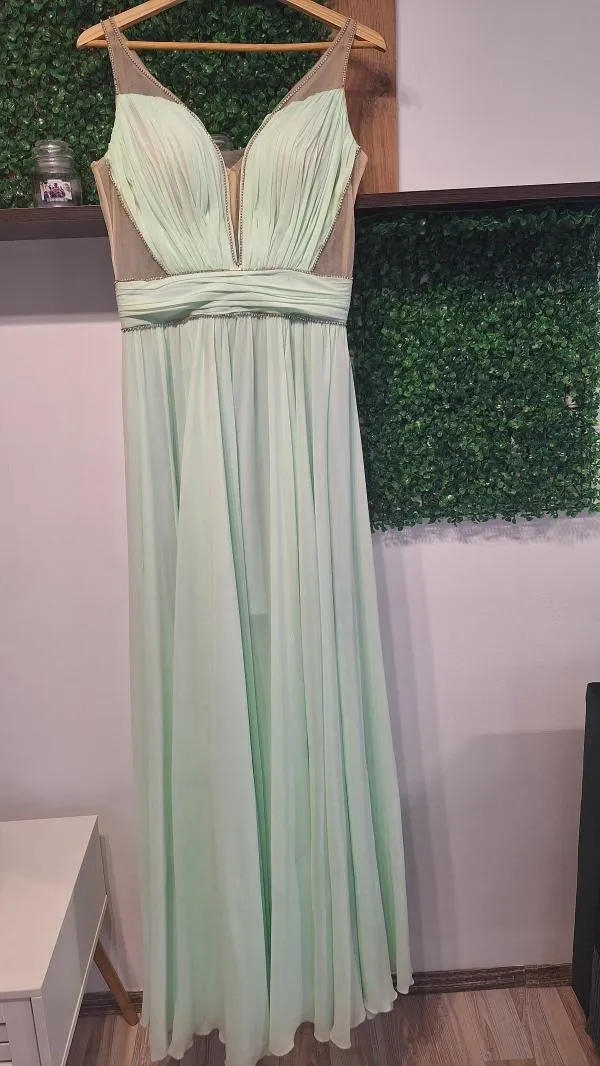 Rochie de ocazie B.D. L | Verde mentă, Maxi, Fără mâneci, Tall, Pliuri - Image 3