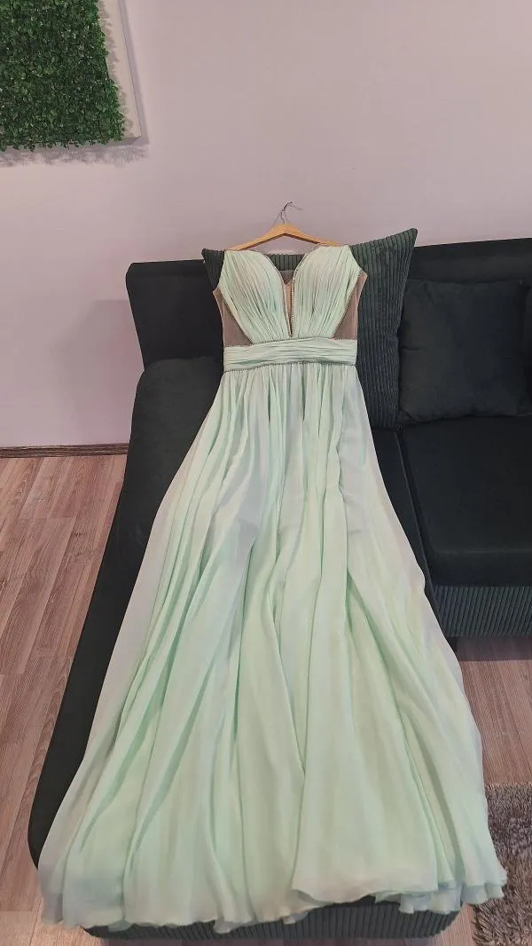 Rochie de ocazie B.D. L | Verde mentă, Maxi, Fără mâneci, Tall, Pliuri - Image 5