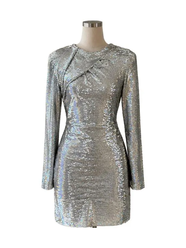 Rochie de seară Zara XS | Argintiu, Mini, Mânecă lungă, Paiete, Poliester