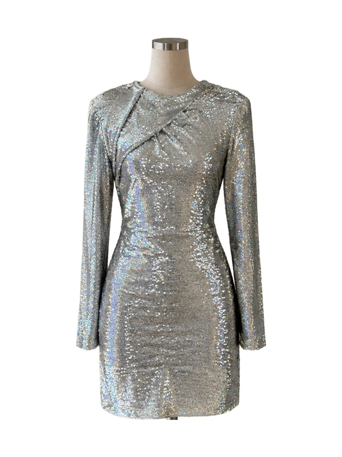 Rochie de seară Zara XS | Argintiu, Mini, Mânecă lungă, Paiete, Poliester