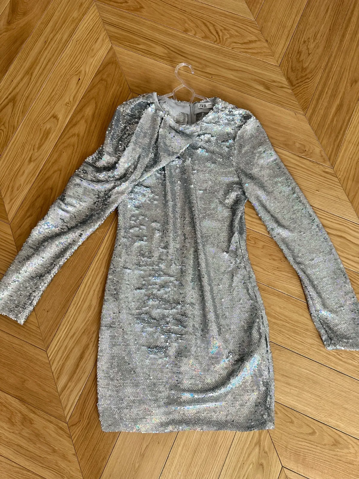 Rochie de seară Zara XS | Argintiu, Mini, Mânecă lungă, Paiete, Poliester - Image 2