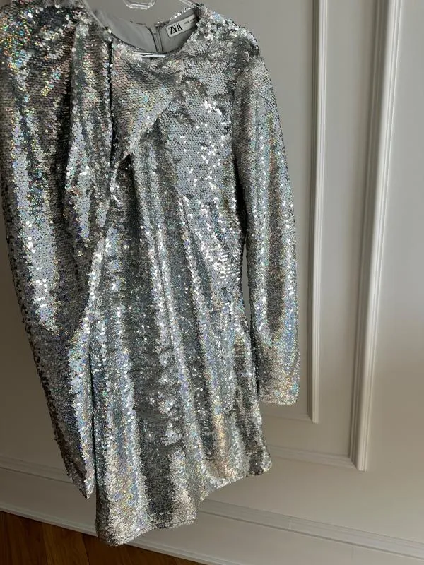 Rochie de seară Zara XS | Argintiu, Mini, Mânecă lungă, Paiete, Poliester - Image 3
