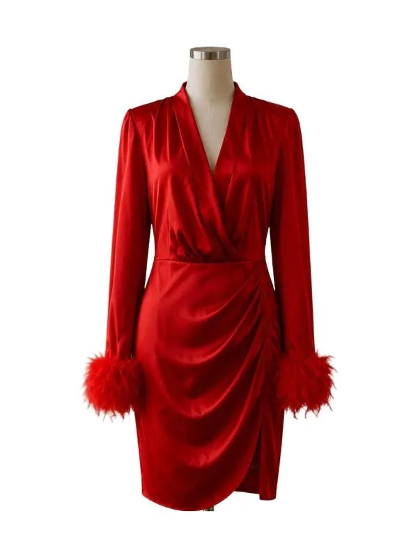 Rochie de ocazie Bogas M | Roșu, Midi, Mânecă lungă, Satinat, Mătase