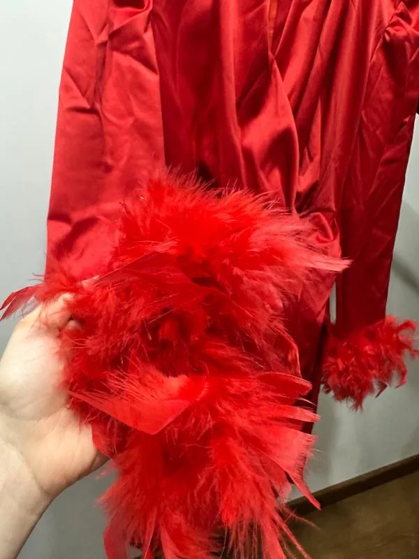 Rochie de ocazie Bogas M | Roșu, Midi, Mânecă lungă, Satinat, Mătase - Image 4