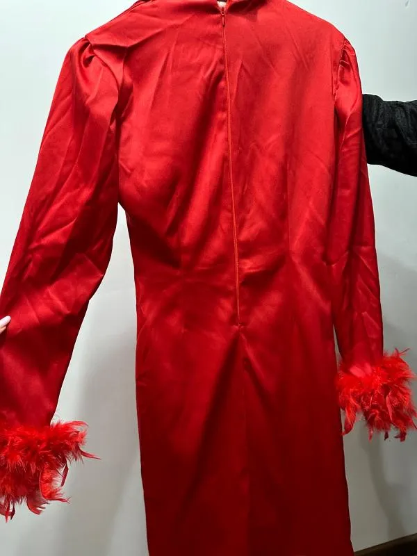 Rochie de ocazie Bogas M | Roșu, Midi, Mânecă lungă, Satinat, Mătase - Image 3