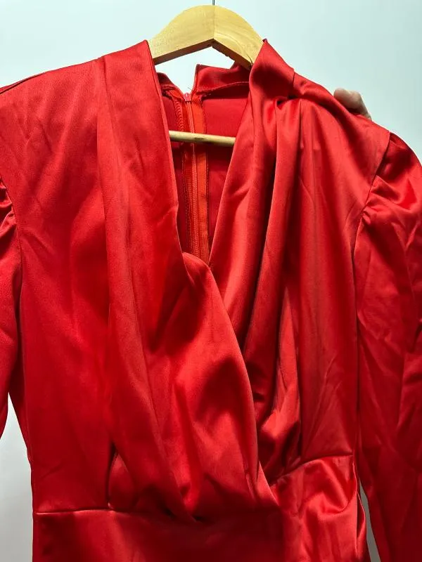 Rochie de ocazie Bogas M | Roșu, Midi, Mânecă lungă, Satinat, Mătase - Image 6