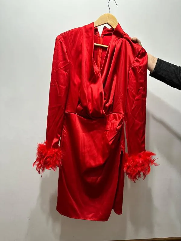 Rochie de ocazie Bogas M | Roșu, Midi, Mânecă lungă, Satinat, Mătase - Image 2