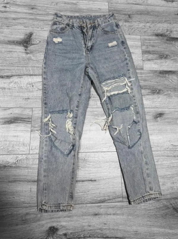 Blugi Shein XXS | Albastru, Lungi, Talie înaltă, Mom fit, Petite, Monocrom, Rupți  Cu tăieturi - Image 2