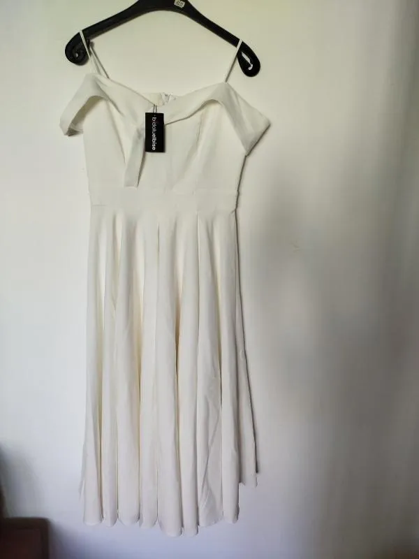Rochie de ocazie Bidoluelbise S | Alb, Midi, Bretele subțiri, Monocrom, Pliuri - Image 5