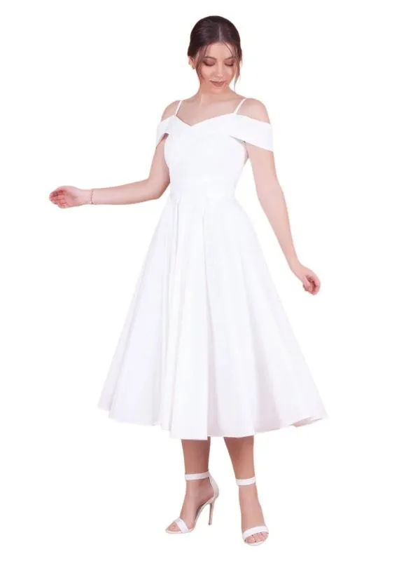 Rochie de ocazie Bidoluelbise S | Alb, Midi, Bretele subțiri, Monocrom, Pliuri