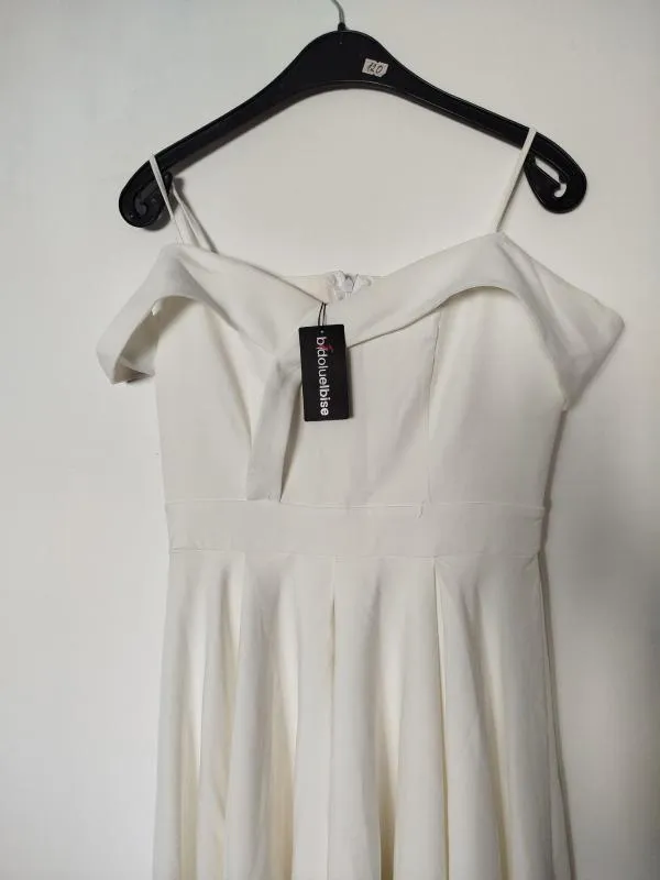 Rochie de ocazie Bidoluelbise S | Alb, Midi, Bretele subțiri, Monocrom, Pliuri - Image 6