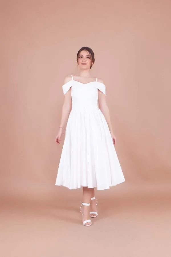 Rochie de ocazie Bidoluelbise S | Alb, Midi, Bretele subțiri, Monocrom, Pliuri - Image 3