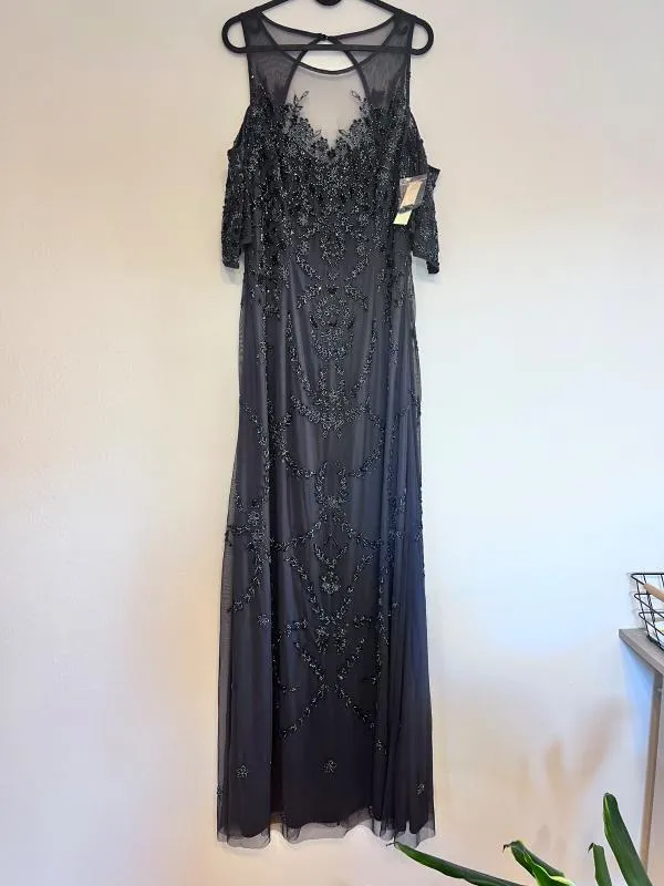 Rochie de seară Adrianna Papell M | Negru, Maxi, Mânecă scurtă, Monocrom, Paiete - Image 2