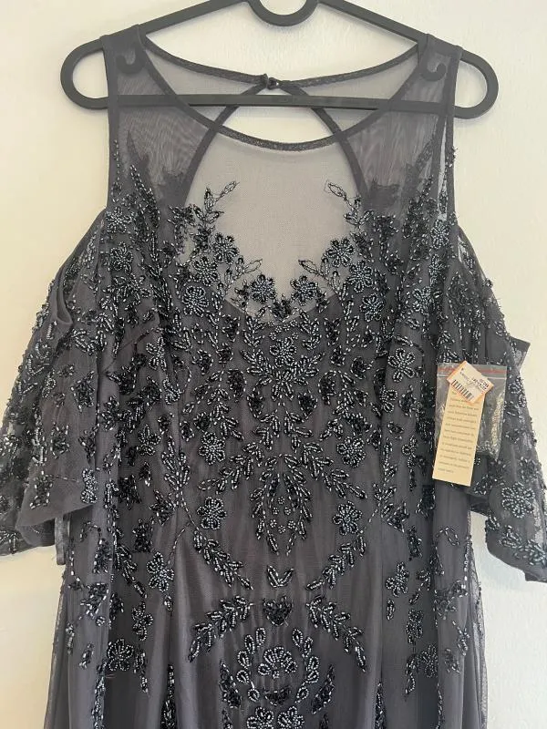 Rochie de seară Adrianna Papell M | Negru, Maxi, Mânecă scurtă, Monocrom, Paiete - Image 3