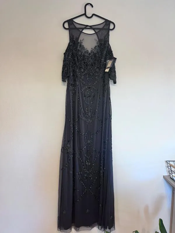 Rochie de seară Adrianna Papell M | Negru, Maxi, Mânecă scurtă, Monocrom, Paiete - Image 8