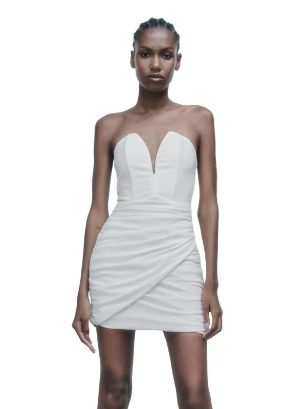 Rochie mulată Zara XL | Alb, Mini, Cu umerii goi, Monocrom, Drapat