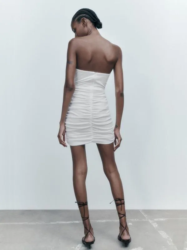 Rochie mulată Zara XL | Alb, Mini, Cu umerii goi, Monocrom, Drapat - Image 2