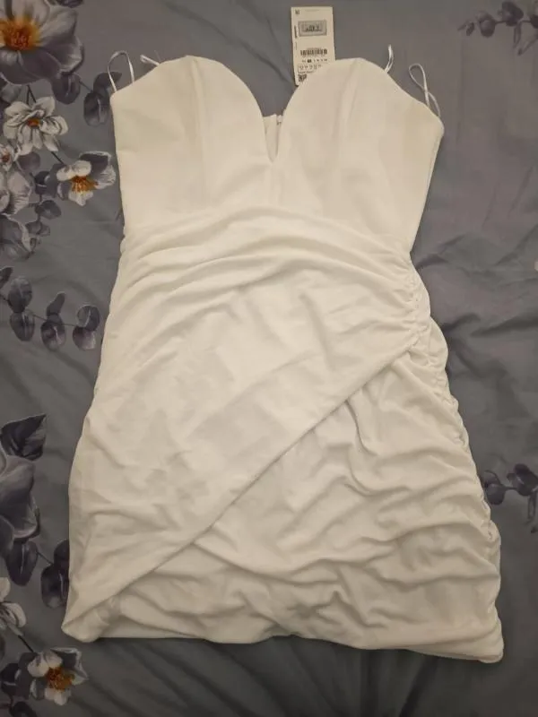 Rochie mulată Zara XL | Alb, Mini, Cu umerii goi, Monocrom, Drapat - Image 5