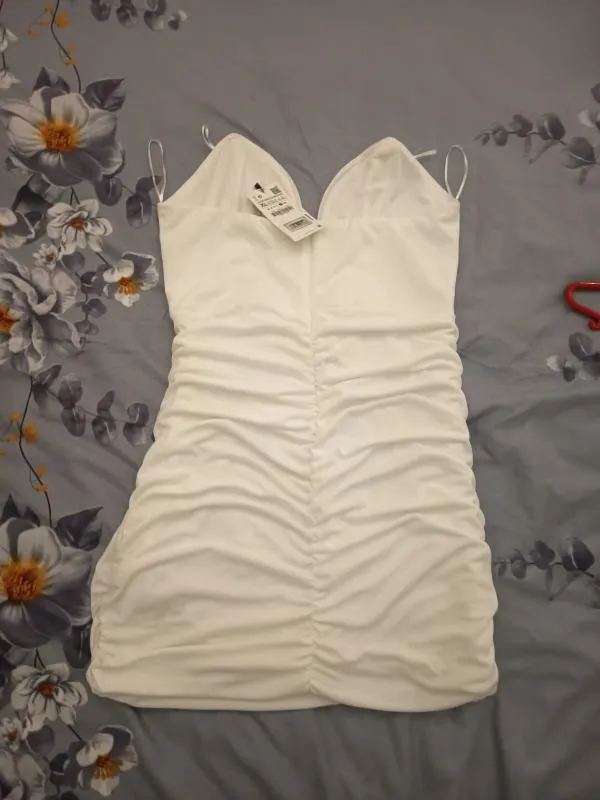 Rochie mulată Zara XL | Alb, Mini, Cu umerii goi, Monocrom, Drapat - Image 6