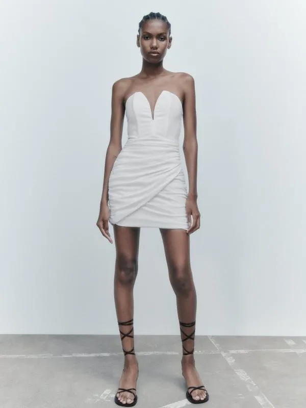 Rochie mulată Zara XL | Alb, Mini, Cu umerii goi, Monocrom, Drapat - Image 3