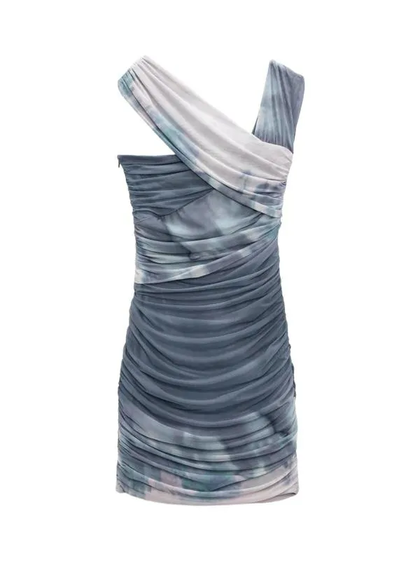 Rochie de seară Zara L | Turcoaz, Mini, Pe un umăr, Monocrom, Design asimetric, Tull