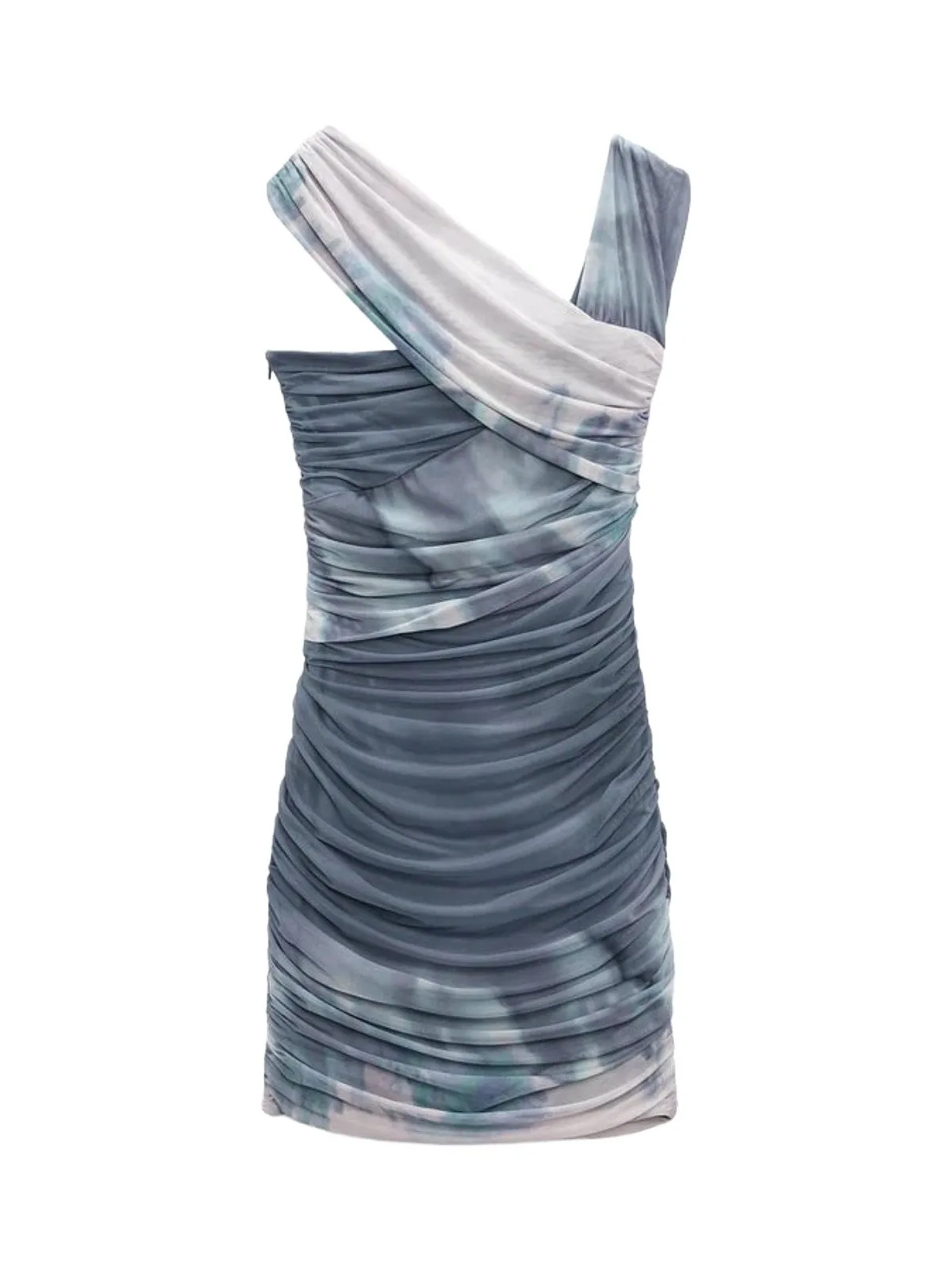 Rochie de seară Zara L | Turcoaz, Mini, Pe un umăr, Monocrom, Design asimetric, Tull