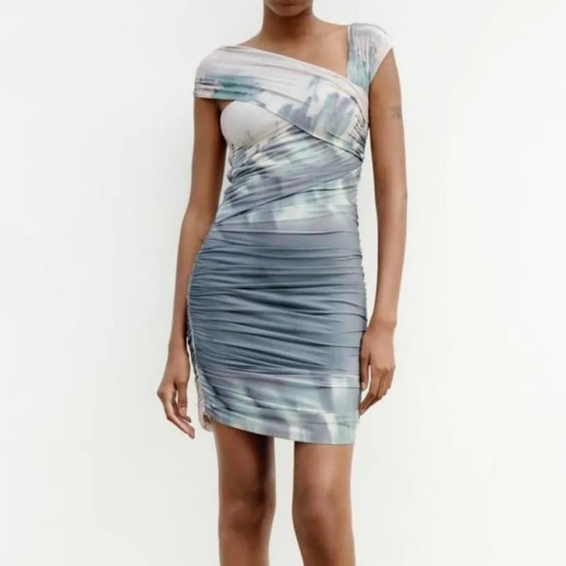 Rochie de seară Zara L | Turcoaz, Mini, Pe un umăr, Monocrom, Design asimetric, Tull - Image 2