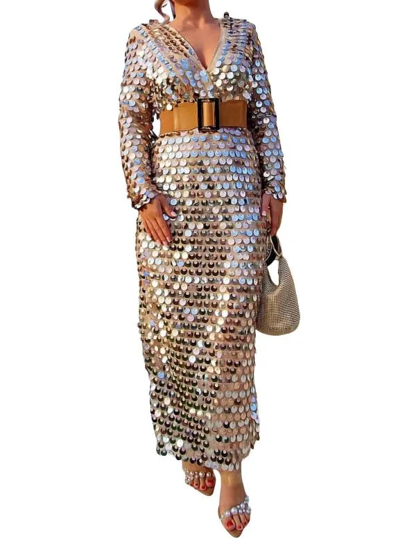 Rochie de seară Shein S | Bej, Maxi, Mânecă lungă, Paiete