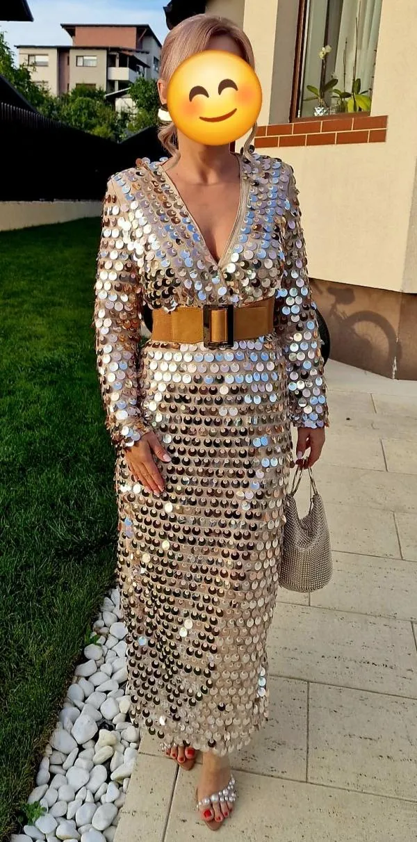 Rochie de seară Shein S | Bej, Maxi, Mânecă lungă, Paiete - Image 2