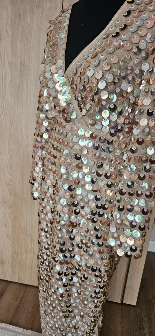 Rochie de seară Shein S | Bej, Maxi, Mânecă lungă, Paiete - Image 5