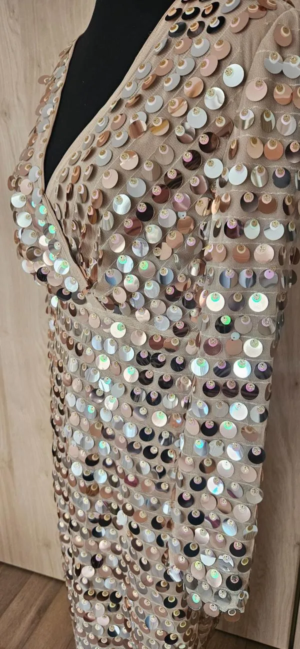 Rochie de seară Shein S | Bej, Maxi, Mânecă lungă, Paiete - Image 6