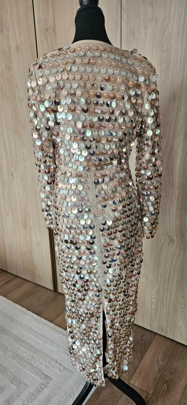Rochie de seară Shein S | Bej, Maxi, Mânecă lungă, Paiete - Image 4