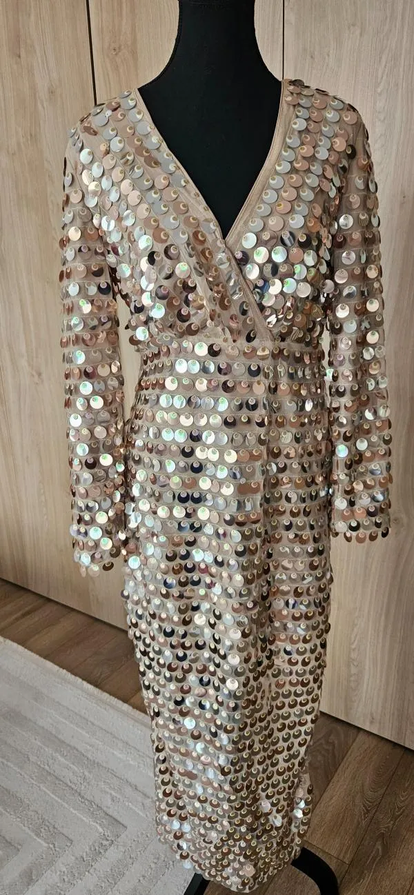 Rochie de seară Shein S | Bej, Maxi, Mânecă lungă, Paiete - Image 7