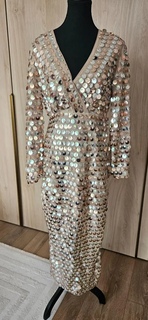 Rochie de seară Shein S | Bej, Maxi, Mânecă lungă, Paiete - Image 3