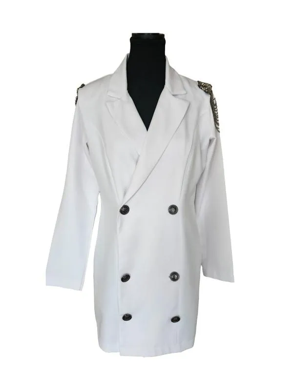 Rochie tip blazer S | Alb, Mini, Mânecă lungă