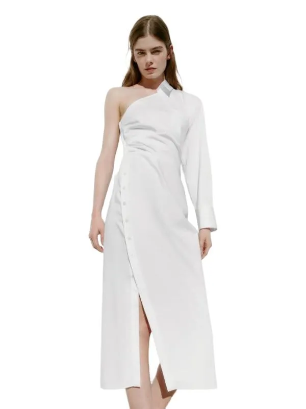 Rochie tip cămașă Zara S | Alb, Midi, Pe un umăr, Design asimetric, Bumbac