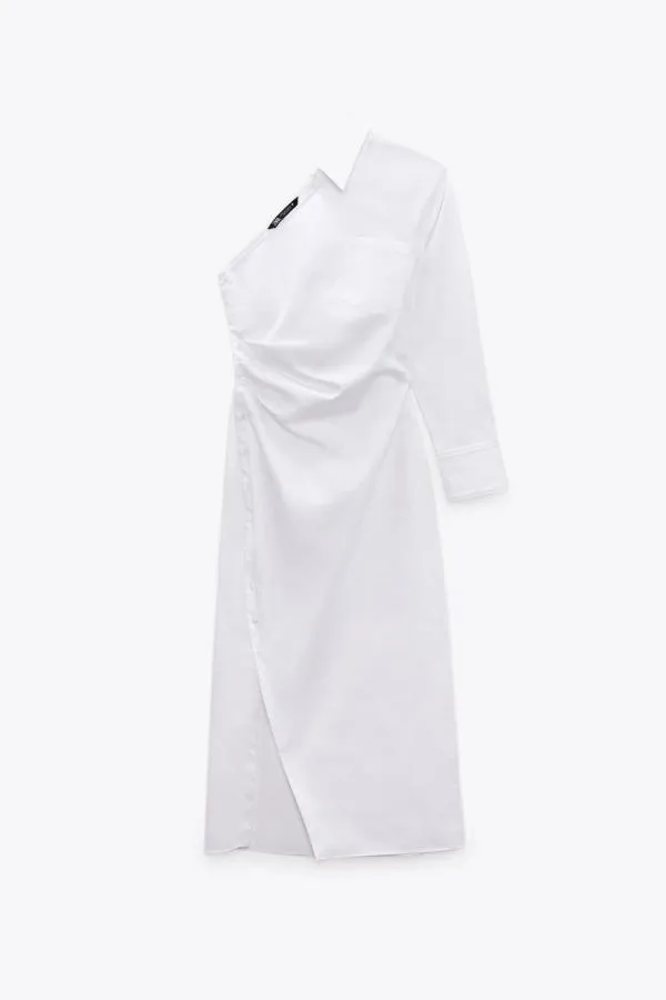 Rochie tip cămașă Zara S | Alb, Midi, Pe un umăr, Design asimetric, Bumbac - Image 2