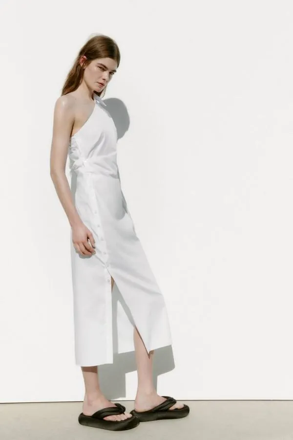 Rochie tip cămașă Zara S | Alb, Midi, Pe un umăr, Design asimetric, Bumbac - Image 3