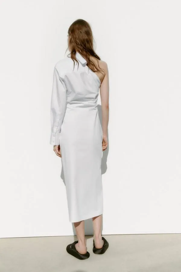 Rochie tip cămașă Zara S | Alb, Midi, Pe un umăr, Design asimetric, Bumbac - Image 4