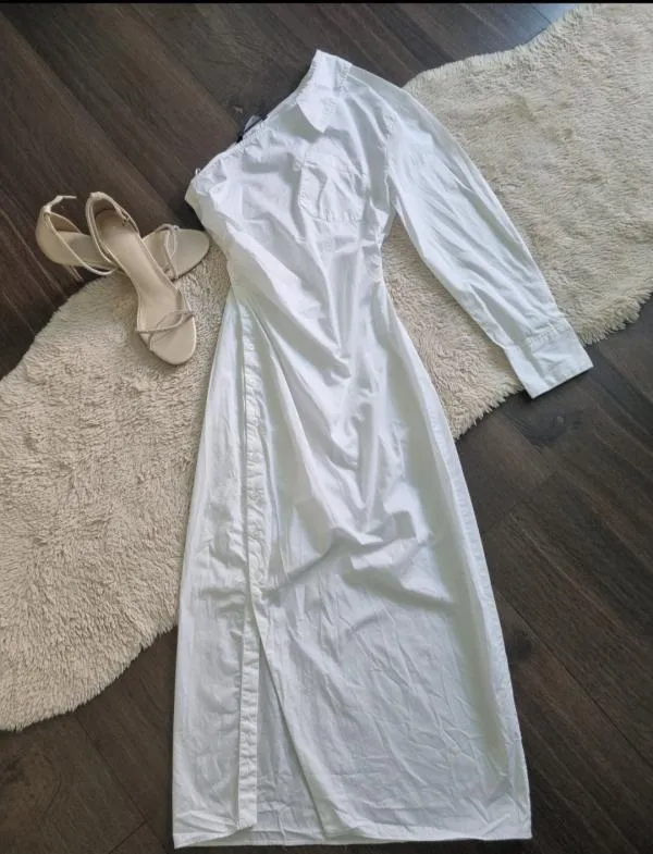 Rochie tip cămașă Zara S | Alb, Midi, Pe un umăr, Design asimetric, Bumbac - Image 6