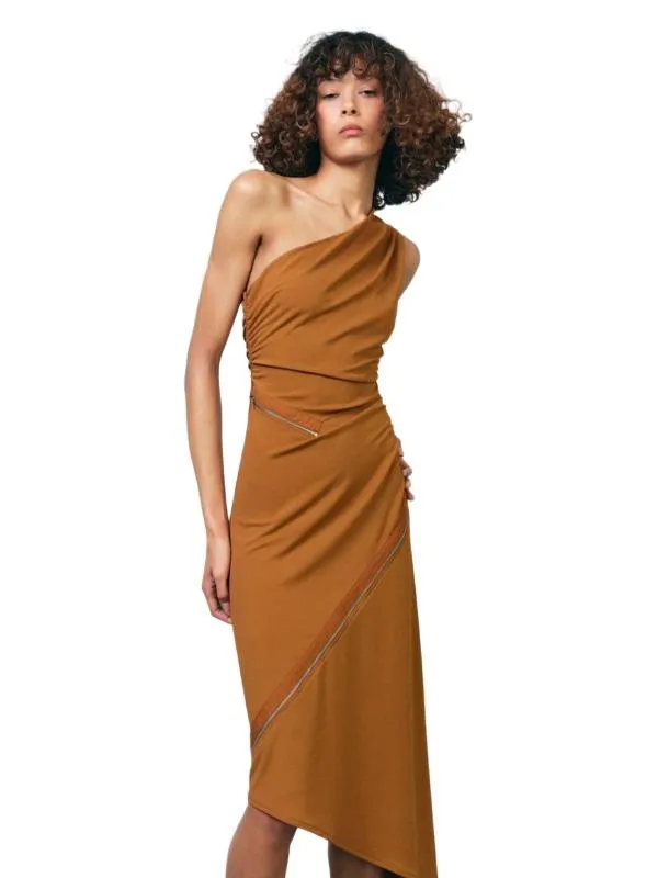 Rochie casual Zara S | Caramel, Midi, Pe un umăr, Design asimetric