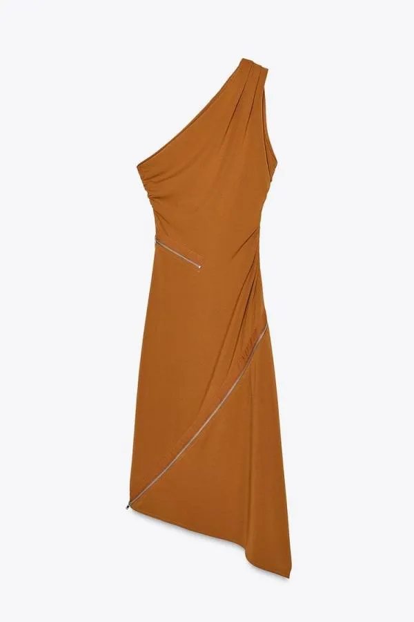 Rochie casual Zara S | Caramel, Midi, Pe un umăr, Design asimetric - Image 2