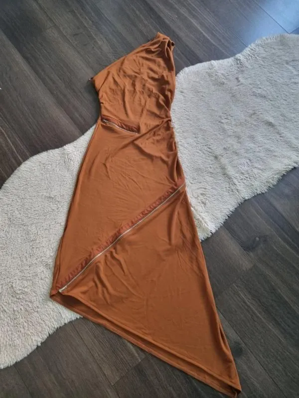 Rochie casual Zara S | Caramel, Midi, Pe un umăr, Design asimetric - Image 5