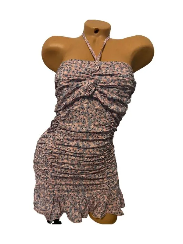 Rochie de vară Tricotonic S-M | Multicolor, Mini, Bretele după gât, Floral & Tropical, Pliuri, Bumbac