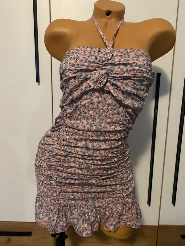 Rochie de vară Tricotonic S-M | Multicolor, Mini, Bretele după gât, Floral & Tropical, Pliuri, Bumbac - Image 6